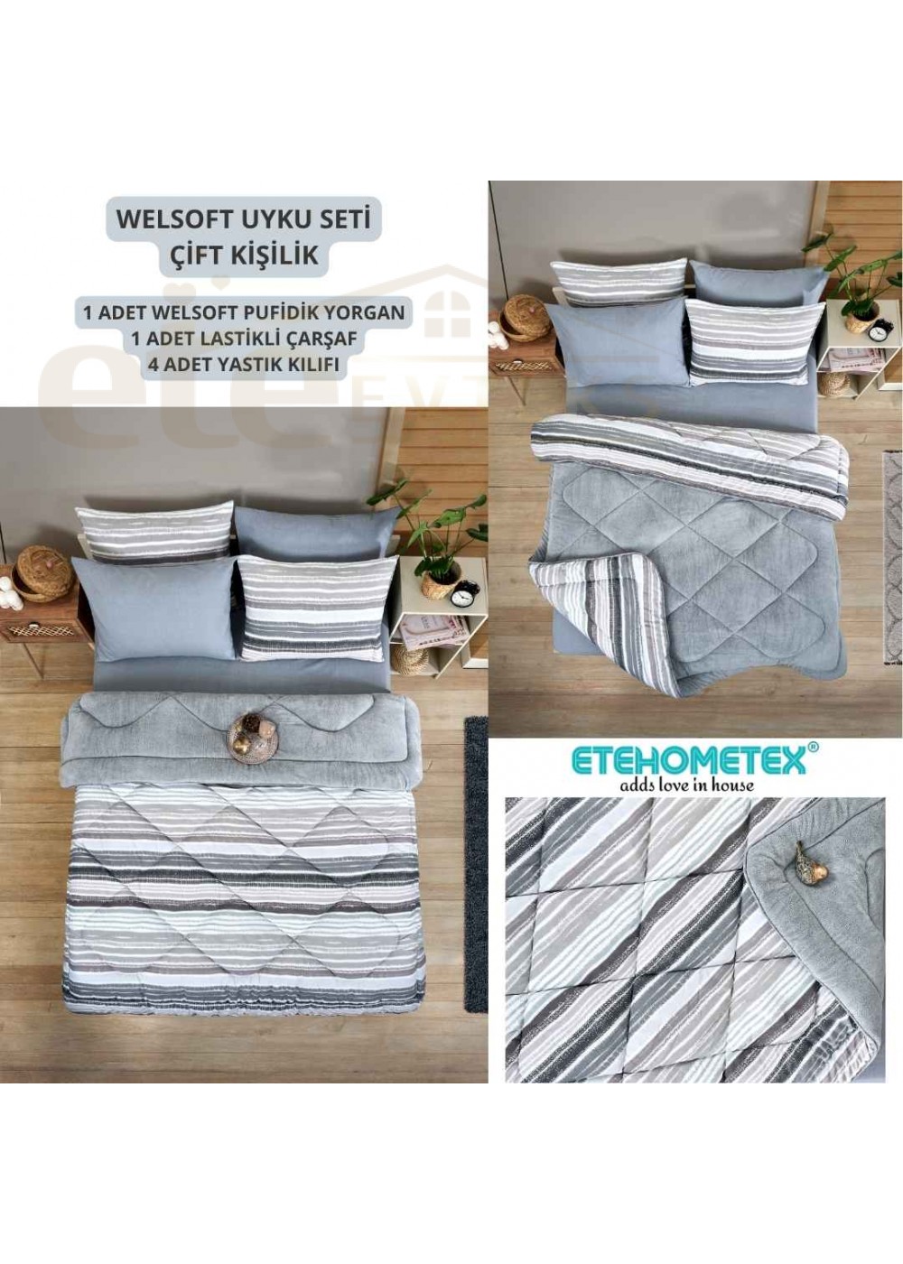 ETE HOMETEX ÇİFT KİŞİLİK WELSOFT UYKU SETİ TASEL GRİ 8696474231989